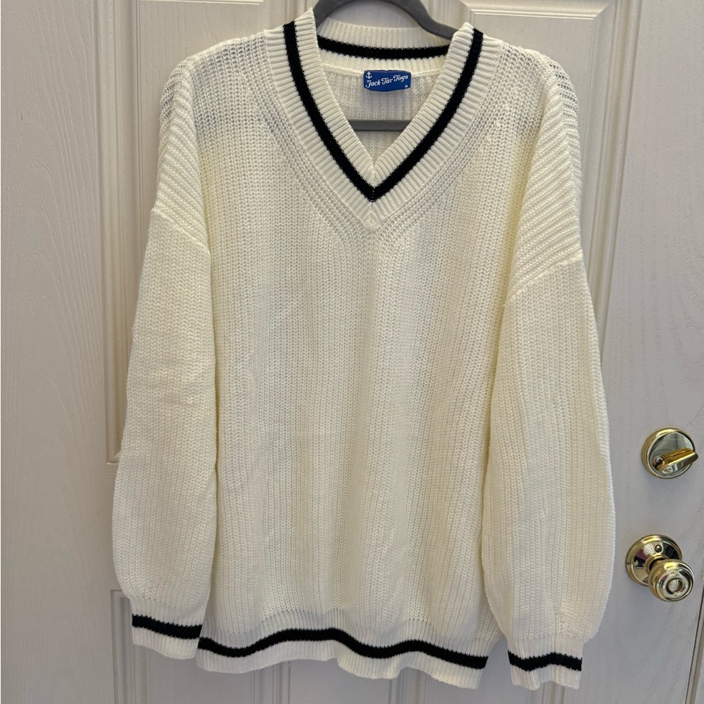 JackTartogs Cream V-Neck Sweater with Black Trim